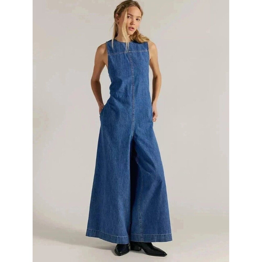 Free People We The Free Do No Wrong Jumpsuit Wide Leg Denim Cotton M 290737